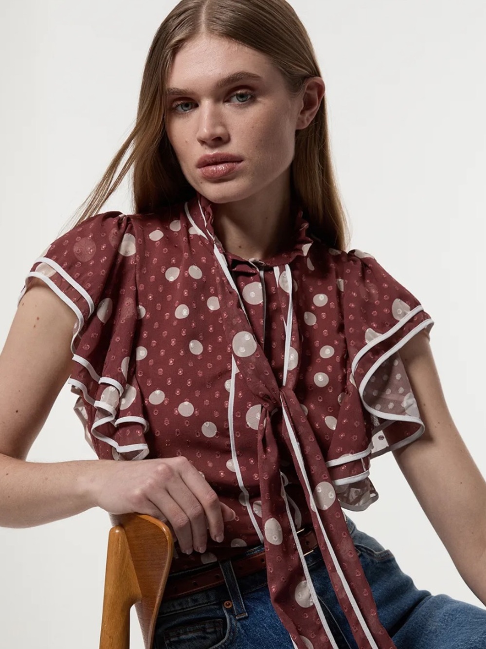 Karen Millen Mixed Dot Ruffle Georgette Blouse in mocha size 2